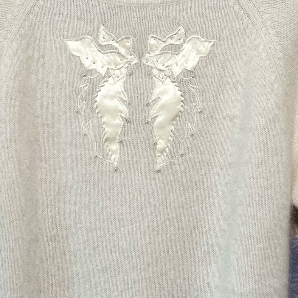 Vtg JUSTINE TODD Wool Angora ANGEL WINGS Sweater L Beaded Short Sleeve Mock Neck - Picture 3 of 14